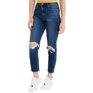 American Eagle Mom Jean Stretch Dark Wash Distressed High Rise Raw Hem 00